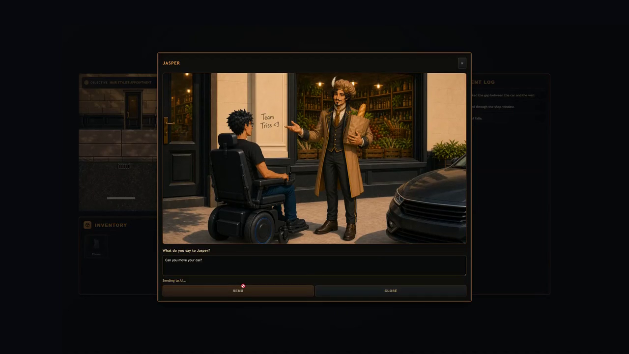 Witek considers how to respond to a car blocking the pavement in the game.