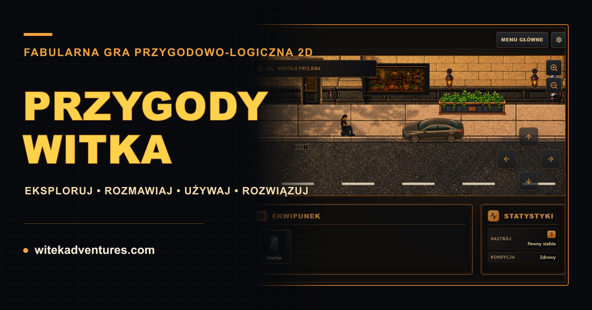 Grafika promocyjna Przygód Witka z Witkiem i samochodem blokującym chodnik.